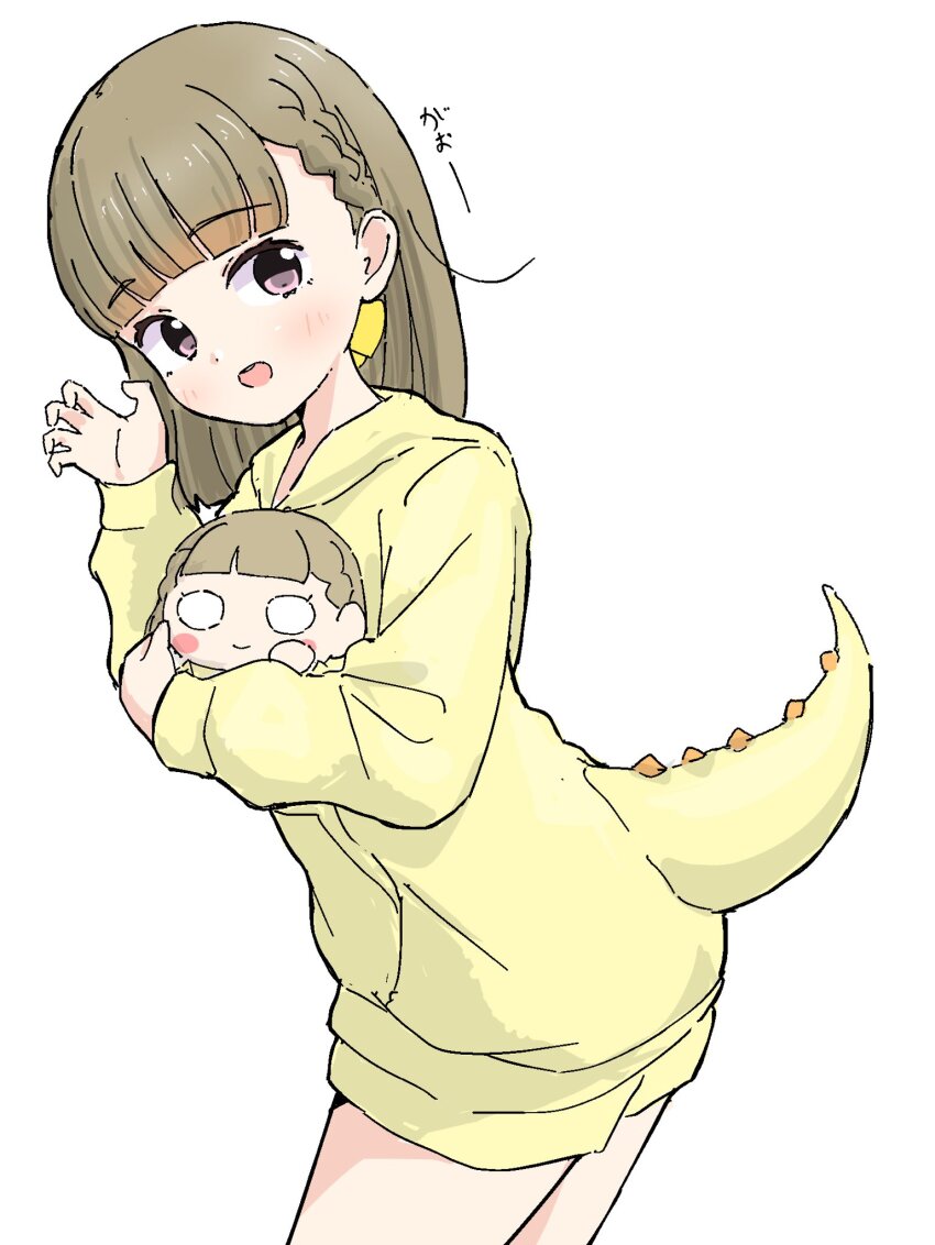 1girl, braid, brown_hair, center-flap_bangs, character_doll, claw_pose, commentary_request, cowboy_shot