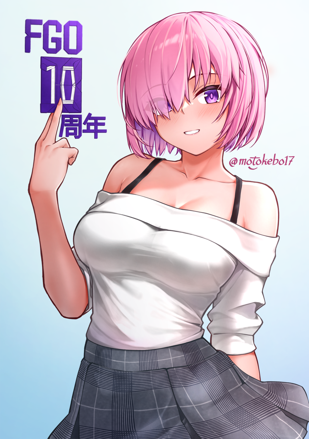 1girl, bare_shoulders, blush, breasts, fate/grand_order, fate_(series), hair_over_one_eye, highres, large_breasts, long_sleeves, looking_at_viewer, mash_kyrielight, mash_kyrielight_(over_the_same_sky), motokebo17, pink_hair, purple_eyes, short_hair, smile, solo