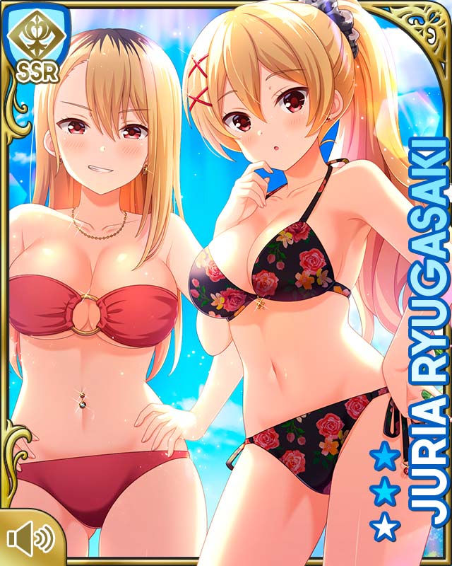 2girls, :o, barefoot, beach, bikini, black_bikini, blonde_hair, blue_sky