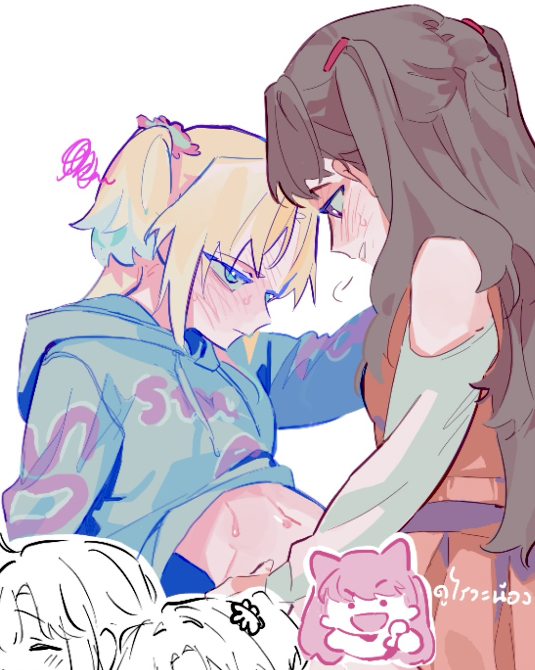 2girls, bare_shoulders, blonde_hair, blue_eyes, blue_hair, blush, brown_hair, censored