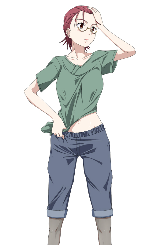 1girl, female_focus, glasses, kamisama_dolls, karahari_kuuko, navel, pants, red_eyes