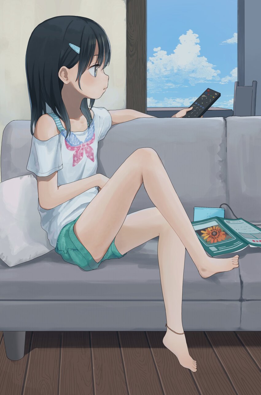 1girl, absurdres, barefoot, black_hair, book, chushui_(izumi617), day, hair_ornament