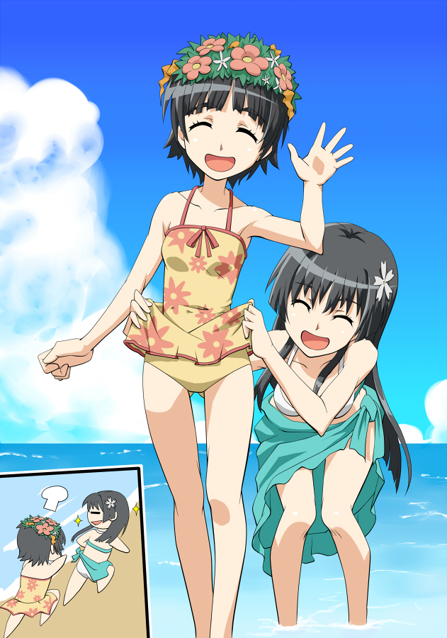 2girls, bikini, black_hair, chasing, day, closed_eyes, gluteal_fold, headdress
