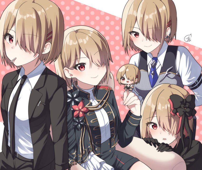 1girl, chibi, earrings, formal_clothes, hair_ornament, hair_ribbon, heaven_burns_red, highres