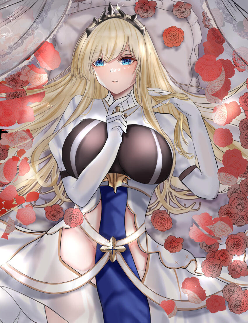 1girl, azur_lane, black_tiara, blonde_hair, blue_dress, blue_eyes, commentary, cowboy_shot