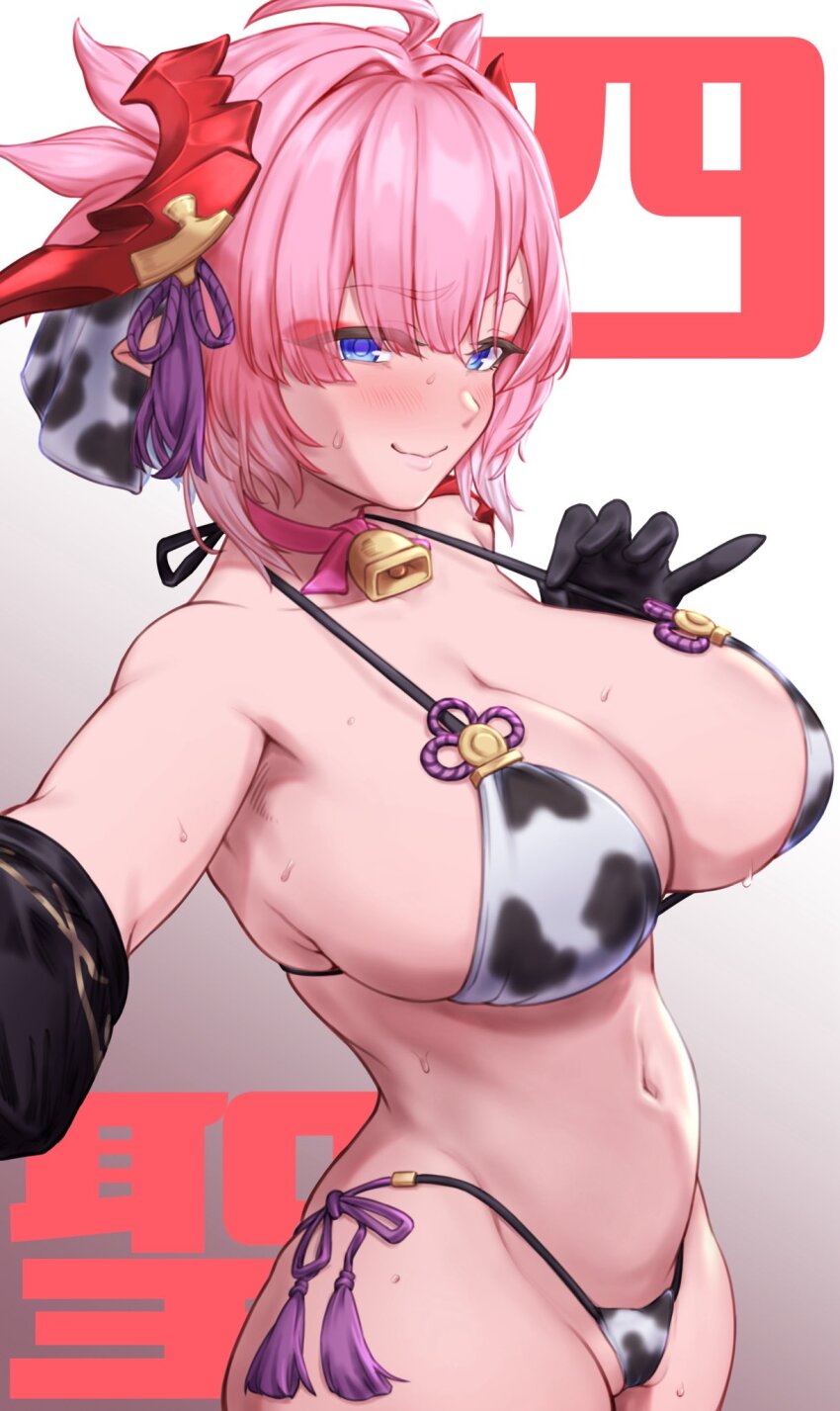 1girl, ahoge, animal_print, bell, bikini, blue_eyes, blush, breasts