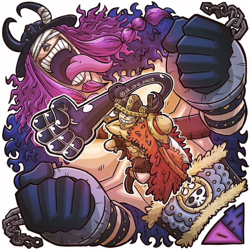 2boys, bandages, bandages_over_eyes, cape, clenched_teeth, commentary_request, cuffs, fake_horns, fur_cape, handcuffs, hat, helmet, highres, horned_helmet, horns, loki_(one_piece), male_focus, monkey_d._luffy, multiple_boys, one_piece, open_mouth, purple_hair, red_cape, scar, scar_on_face, sk_one_piece, smile, straw_hat, teeth, tongue, tongue_out, twitter_username