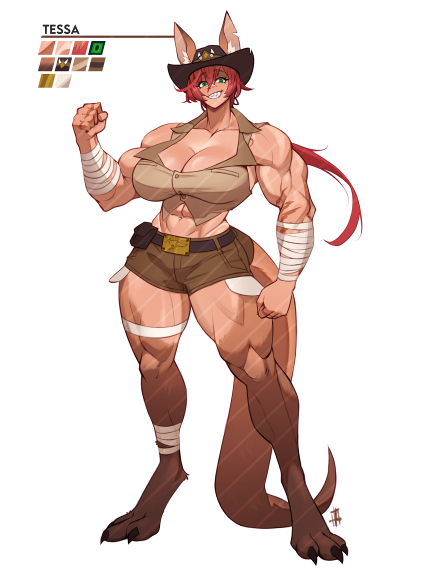 1girl, abs, biceps, breasts, green_eyes, highres, kangaroo_ears, kangaroo_girl