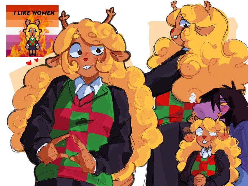 2girls, animal_ears, antlers, black_shirt, blonde_hair, blush, brown_eyes, checkered_clothes