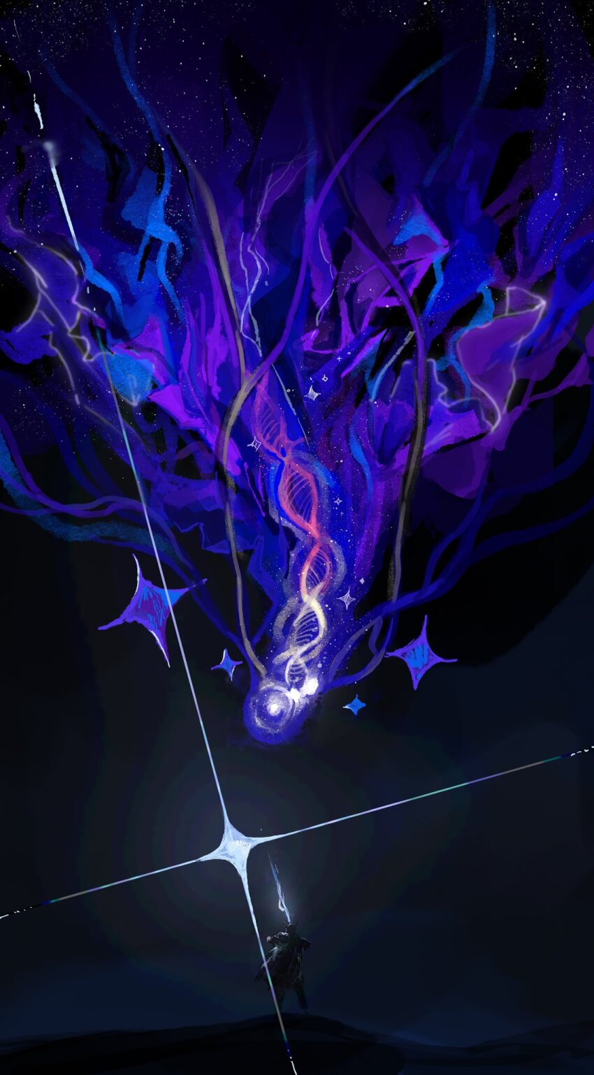 1boy, blue_theme, elden_ring, elden_ring_nightreign, glowing, glowing_sword, glowing_weapon, helmet