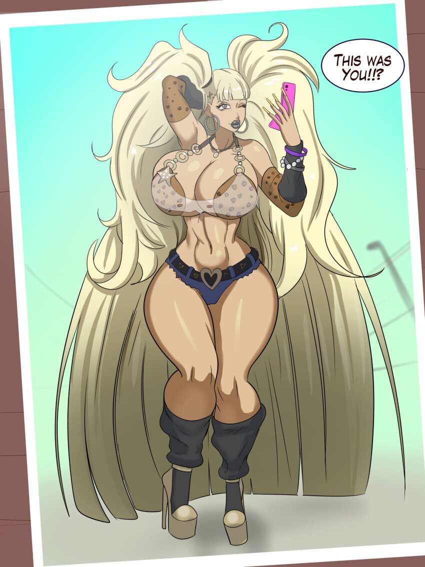 1girl, absurdly_long_hair, aged_down, arm_up, armpits, belt, bimboannon, bimbofication