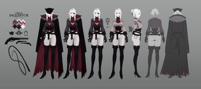 1girl, absurdres, antique_firearm, ascot, black_boots, black_cape, black_corset, black_gloves