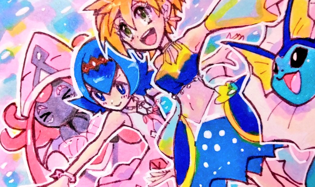 2girls, :d, asymmetrical_hair, blue_eyes, blue_hair, breasts, closed_eyes, detached_sleeves