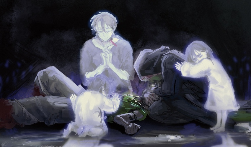 2boys, 3girls, alien_stage, black_hood, closed_eyes, commentary, english_commentary, ghost