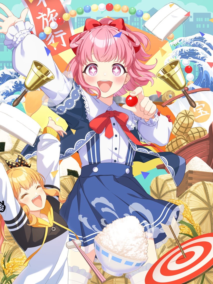 +_+, 2girls, absurdres, arm_up, arms_up, arrow_(projectile), artist_request, ball