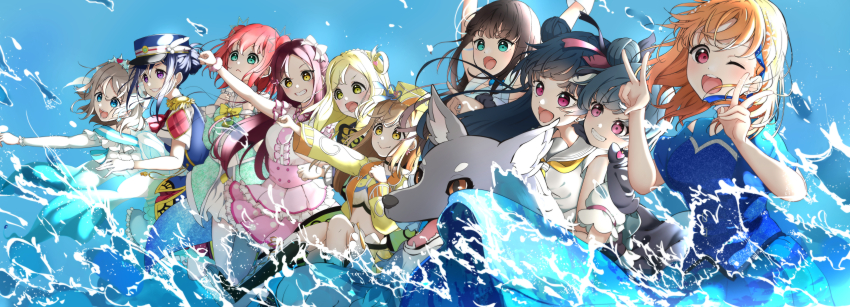 6+girls, ;d, absurdres, aoiao, aqua_eyes, black_capelet, black_hair, blonde_hair