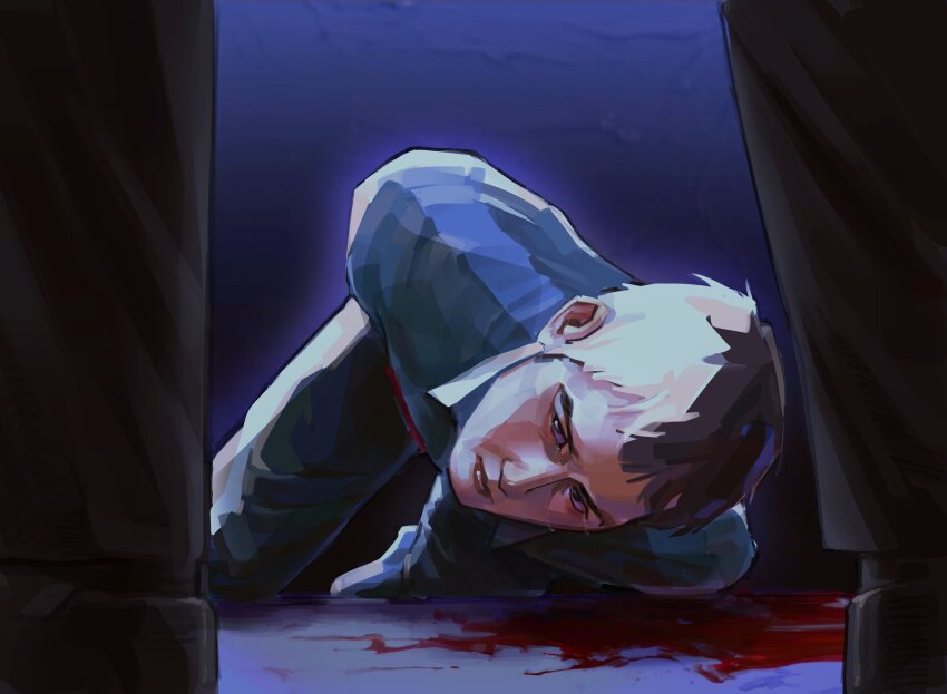 1boy, 1other, between_legs, black_eyes, blood, blood_on_clothes, blood_on_ground, bound, bound_wrists, brown_hair, coat, commentary, crawling, english_commentary, front-man_(squid_game), full_body, green_coat, highres, looking_up, male_focus, markkrpg, narrowed_eyes, on_ground, perspective, pov, seong_gi-hun, short_hair, sidelighting, squid_game, standing
