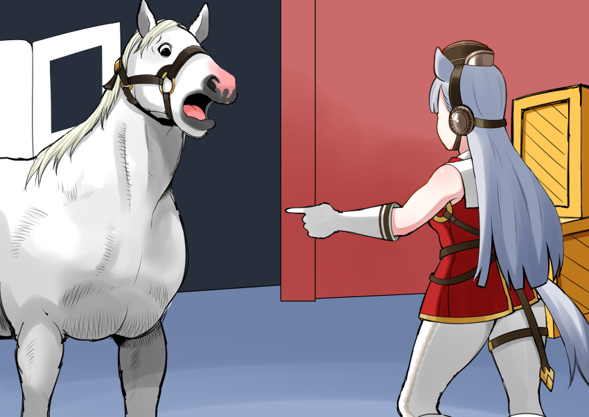 1girl, absurdres, animal_ears, aramori_susumu, blunt_ends, breasts, commentary, crate