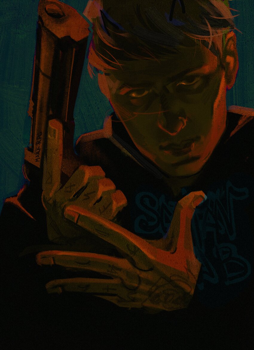 1boy, absurdres, black_eyes, commentary, copyright_request, dark, gun, handgun