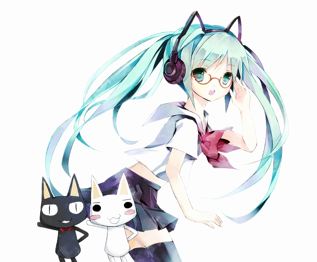 1girl, :3, adjusting_eyewear, aqua_eyes, aqua_hair, cat, doko_demo_issyo, female_focus