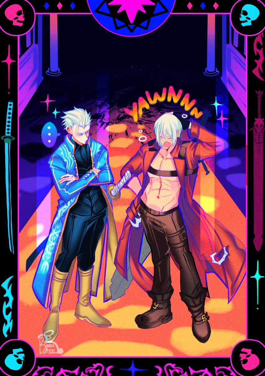 2boys, absurdres, belt_bra, bianca_lattei, blue_coat, blue_pants, boots, brown_pants