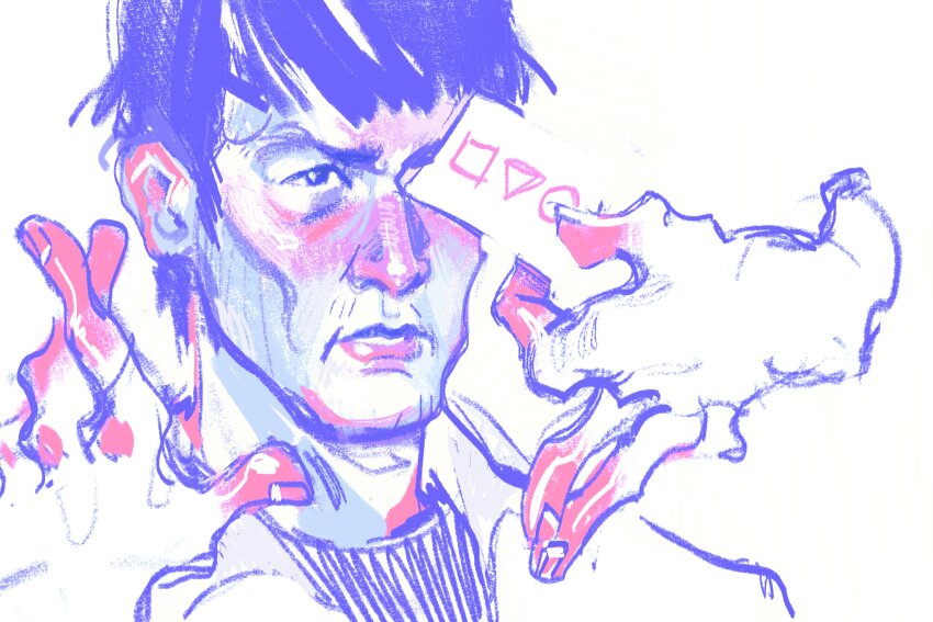 1boy, 1other, card, clenched_teeth, coat, covering_another's_eye, highres, holding