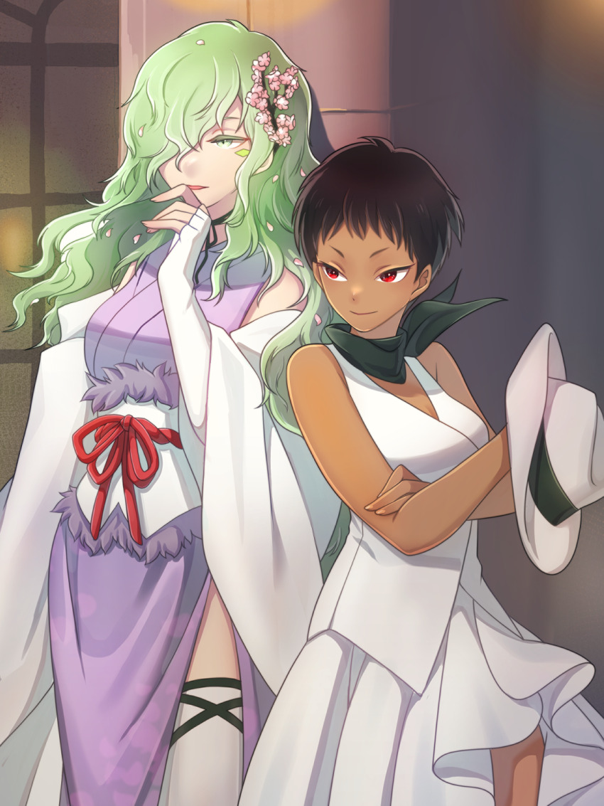 2girls, bandana, bandana_around_neck, dress, fingerless_gloves, flower, gloves, green_eyes