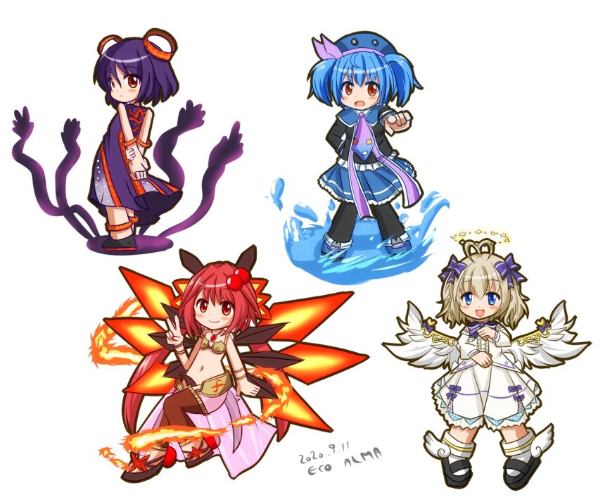 4girls, angel_feather_alma, antenna_hair, arms_behind_back, bare_shoulders, beret, black_boots, black_pantyhose