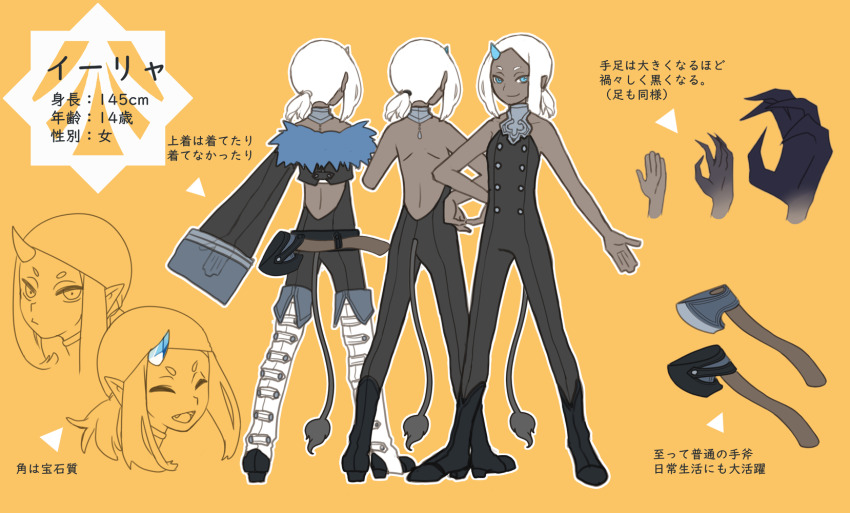 1girl, axe, backless_outfit, bandana, blue_eyes, boots, claws, dark-skinned_female