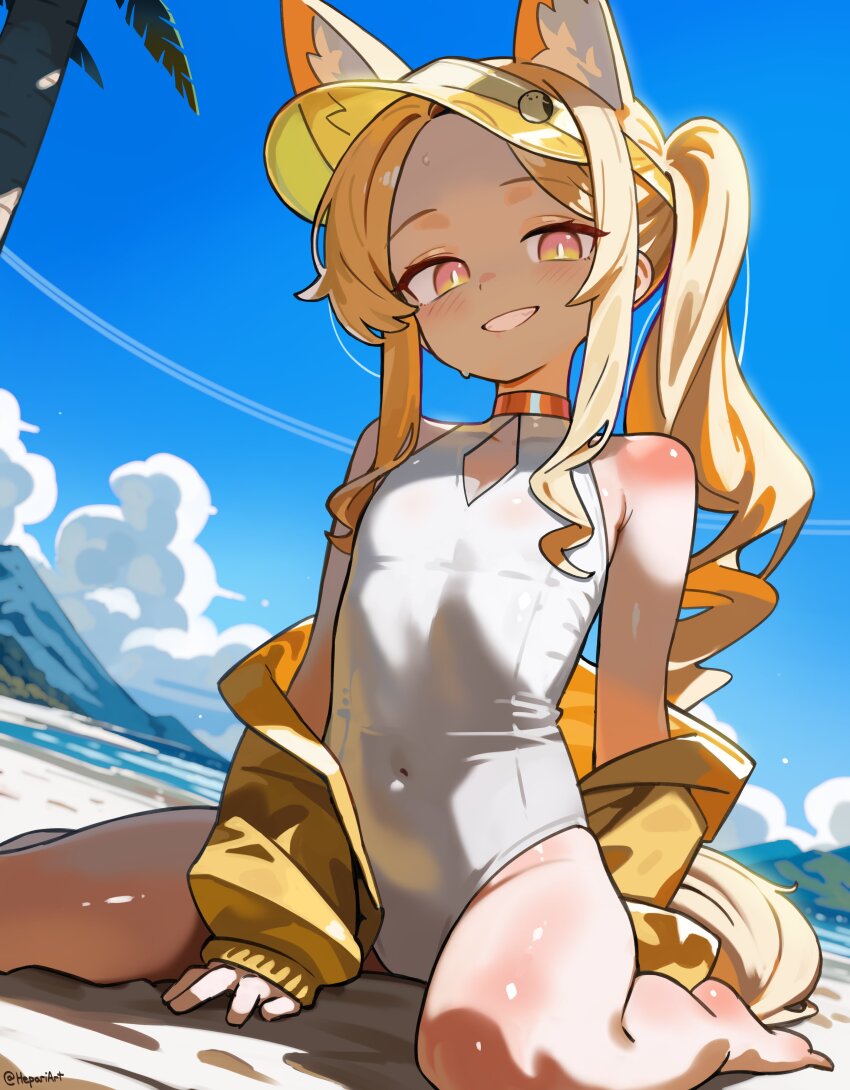 1girl, absurdres, animal_ear_fluff, animal_ears, arm_behind_back, bare_legs, bare_shoulders, barefoot