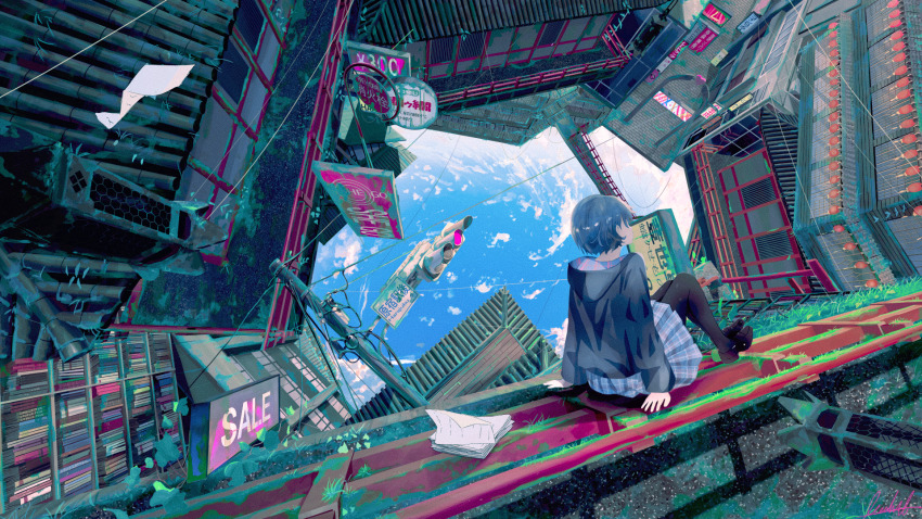 1girl, architecture, banishment, black_jacket, black_pantyhose, black_shoes, blue_hair, blue_skirt