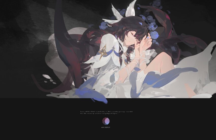 1girl, absurdres, ahriii, angel_wings, artist_name, black_hair, blunt_bangs, bow