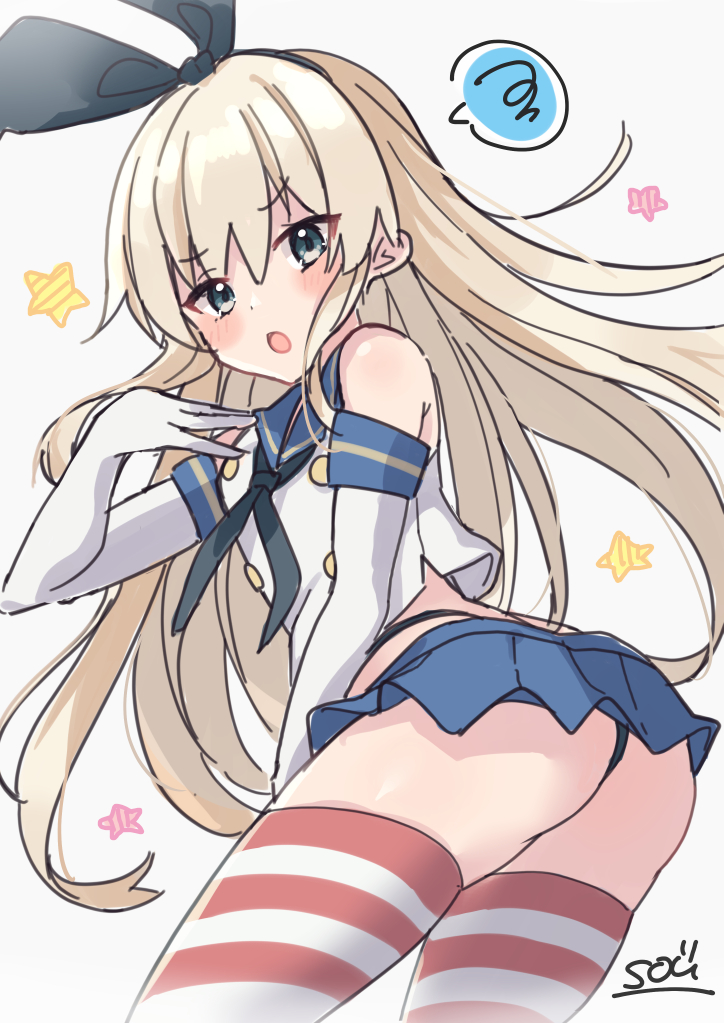 1girl, ass, bare_shoulders, black_hairband, black_neckerchief, black_panties, black_ribbon, blonde_hair