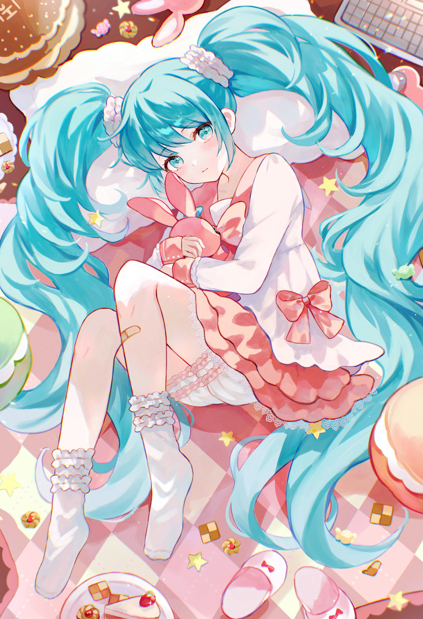 1girl, absurdres, bandaid, bandaid_on_leg, bloomers, blue_eyes, blue_hair, blush