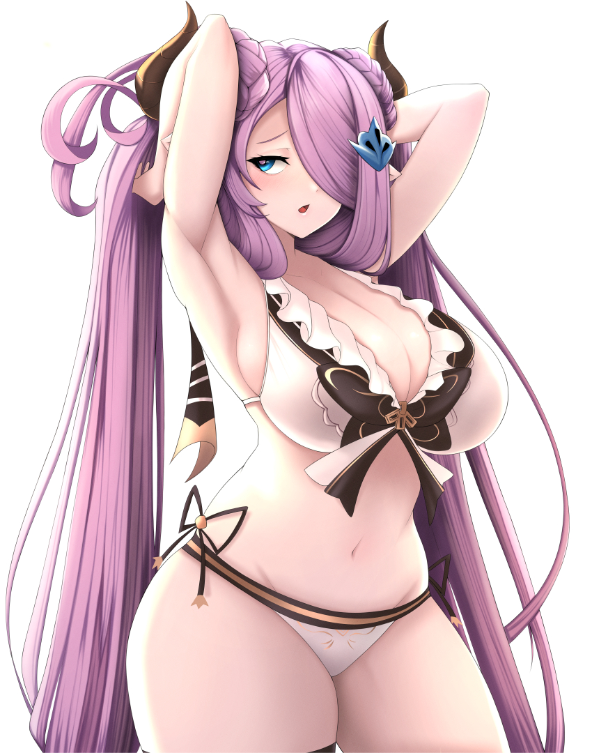 1girl, absurdres, adjusting_hair, armpits, arms_behind_head, arms_up, bikini, black_bikini
