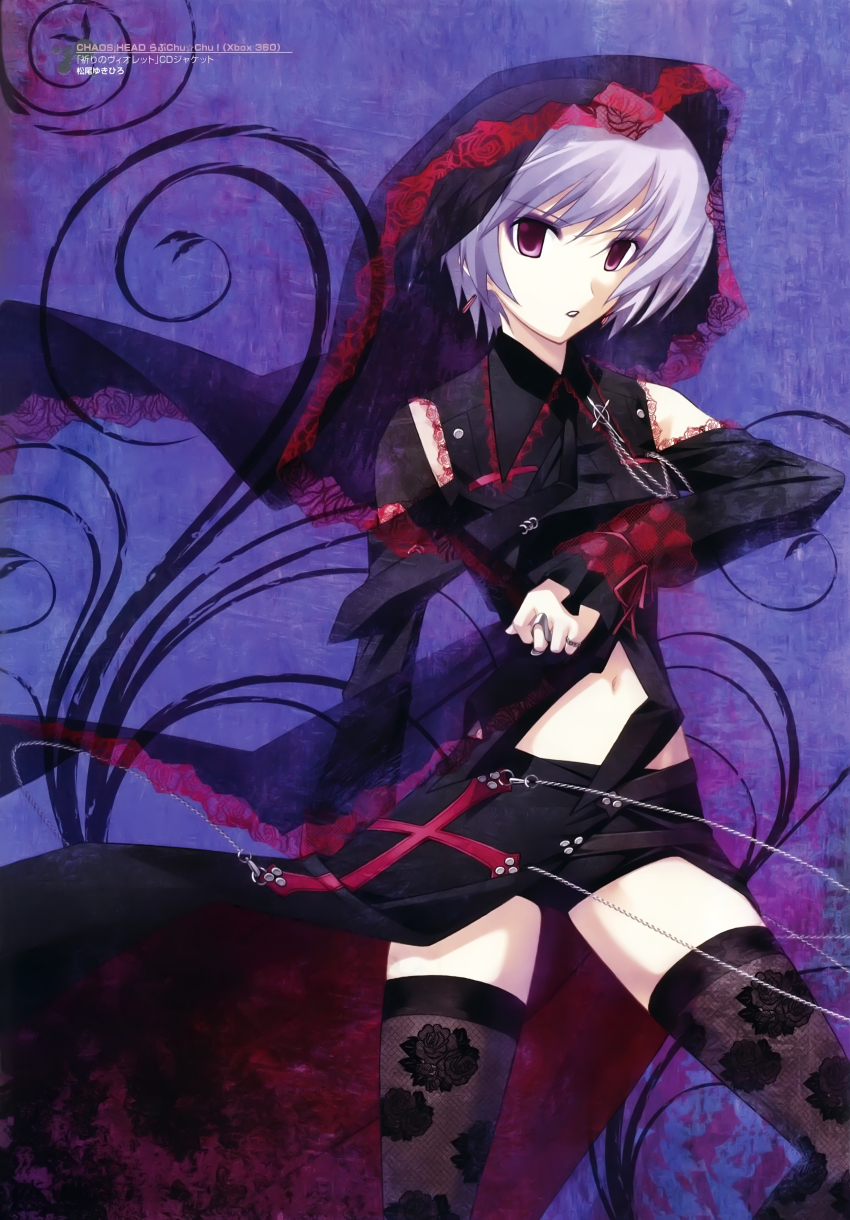 1girl, absurdres, bare_shoulders, black_collar, black_dress, black_lips, black_shorts, black_skirt, black_thighhighs, black_veil, blue_hair, bra, breasts, bridal_veil, chaos;head, check_clothing, clenched_teeth, clothing_cutout, clothing_request, collar, cross, cross_pendant, detached_sleeves, dress, earrings, floral_print, floral_print_thighhighs, goth_fashion, hair_ornament, hairpin, highres, jewelry, kishimoto_ayase, kishimoto_ayase_(fes), lace, lace-trimmed_bra, lace-trimmed_collar, lace-trimmed_sleeves, lace-trimmed_wrist_cuffs, lace_trim, lipstick, looking_at_viewer, makeup, matsuo_yukihiro, midriff, narrowed_eyes, navel, official_art, paint_splatter, phantasm, purple_background, purple_eyes, red_ribbon, ribbon, ring, science_adventure, short_hair, shorts, shorts_under_skirt, skirt, small_breasts, solo, stomach_cutout, teeth, thick_thighs, thighhighs, thighs, underwear, veil, wrist_cuffs