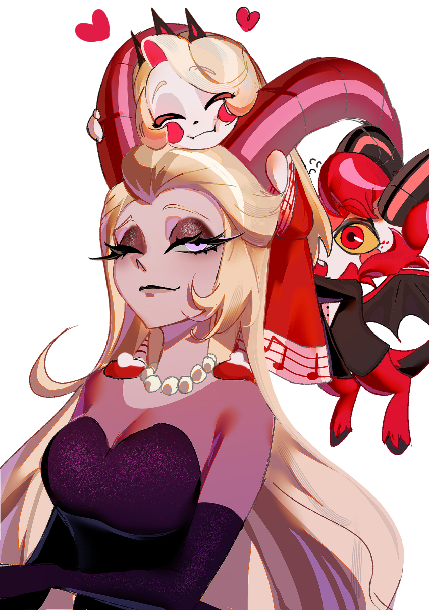 2girls, :3, ;), ^_^, aged_down, black_dress, black_gloves, black_horns