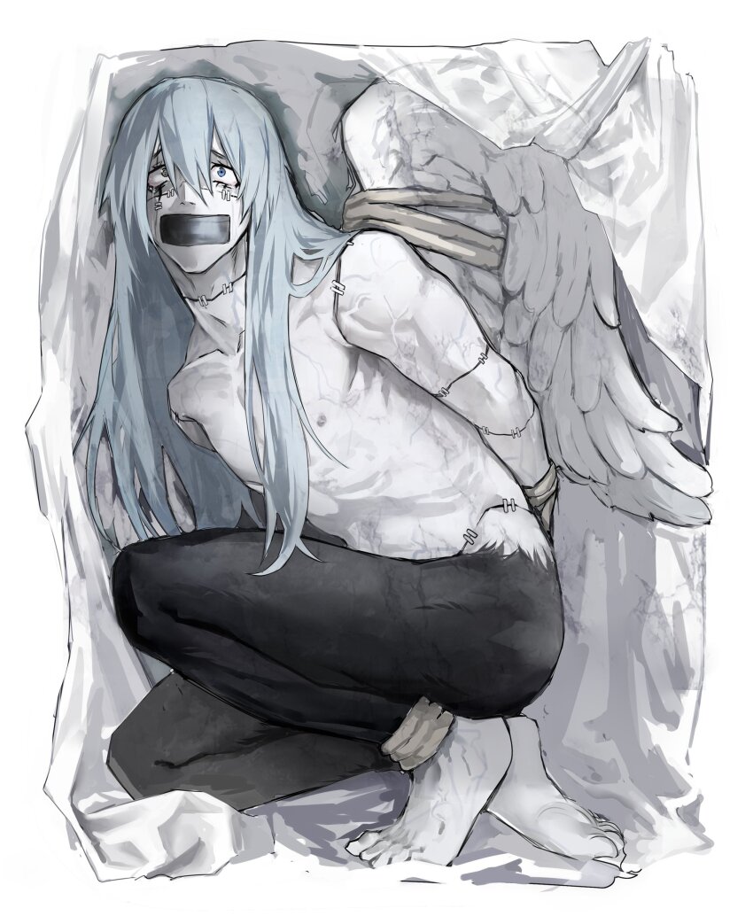 1boy, absurdres, angel_wings, blue_eyes, blue_hair, bound, da_re666, gag