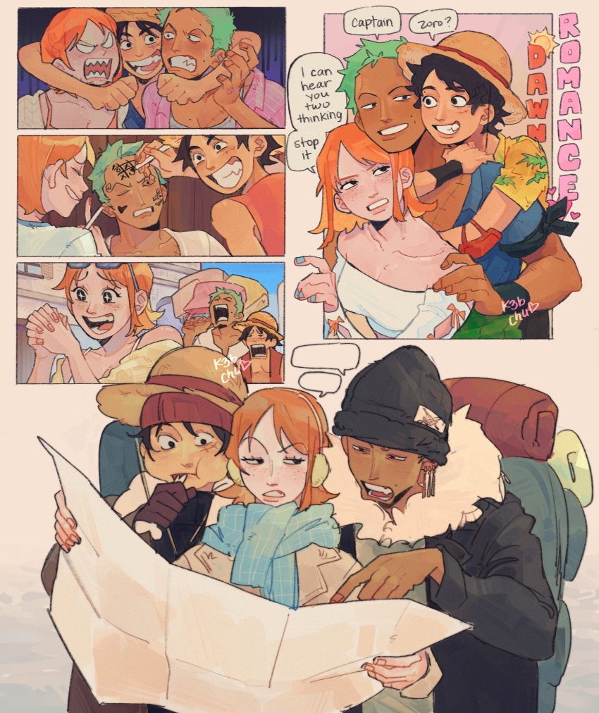 1girl, 2boys, arms_around_neck, backpack, bag, bare_shoulders, beanie, black_hair, blue_nails, blue_scarf, blush, boned_meat, breasts, coat, collarbone, commentary, dark-skinned_male, dark_skin, drawing_on_another's_face, earmuffs, earrings, eating, english_commentary, eyewear_on_head, food, freckles, green_hair, grin, hand_on_another's_shoulder, hat, highres, holding, holding_bag, holding_food, holding_map, jewelry, keb_(k3bchu), looking_at_another, map, meat, medium_breasts, monkey_d._luffy, multiple_boys, multiple_views, nail_polish, nami_(one_piece), one_piece, open_mouth, orange_hair, pink_shirt, roronoa_zoro, scarf, sharp_teeth, shirt, shopping_bag, short_hair, smile, sparkling_eyes, straw_hat, straw_hat_pirates, sunglasses, teeth, upper_body, white_shirt, winter_clothes, winter_coat, yellow_shirt