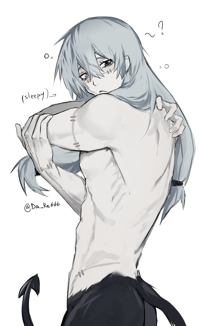 1boy, ?, blue_eyes, blue_hair, cowboy_shot, da_re666, demon_tail, heterochromia