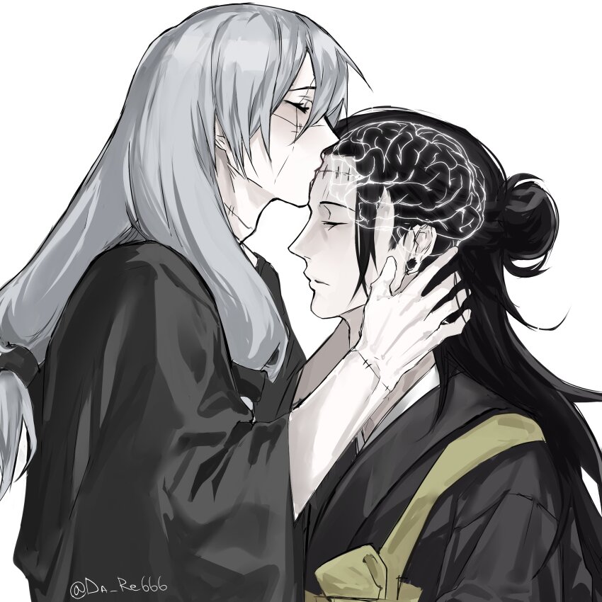 1boy, 2boys, absurdres, adam's_apple, black_robe, blue_hair, brain, closed_eyes