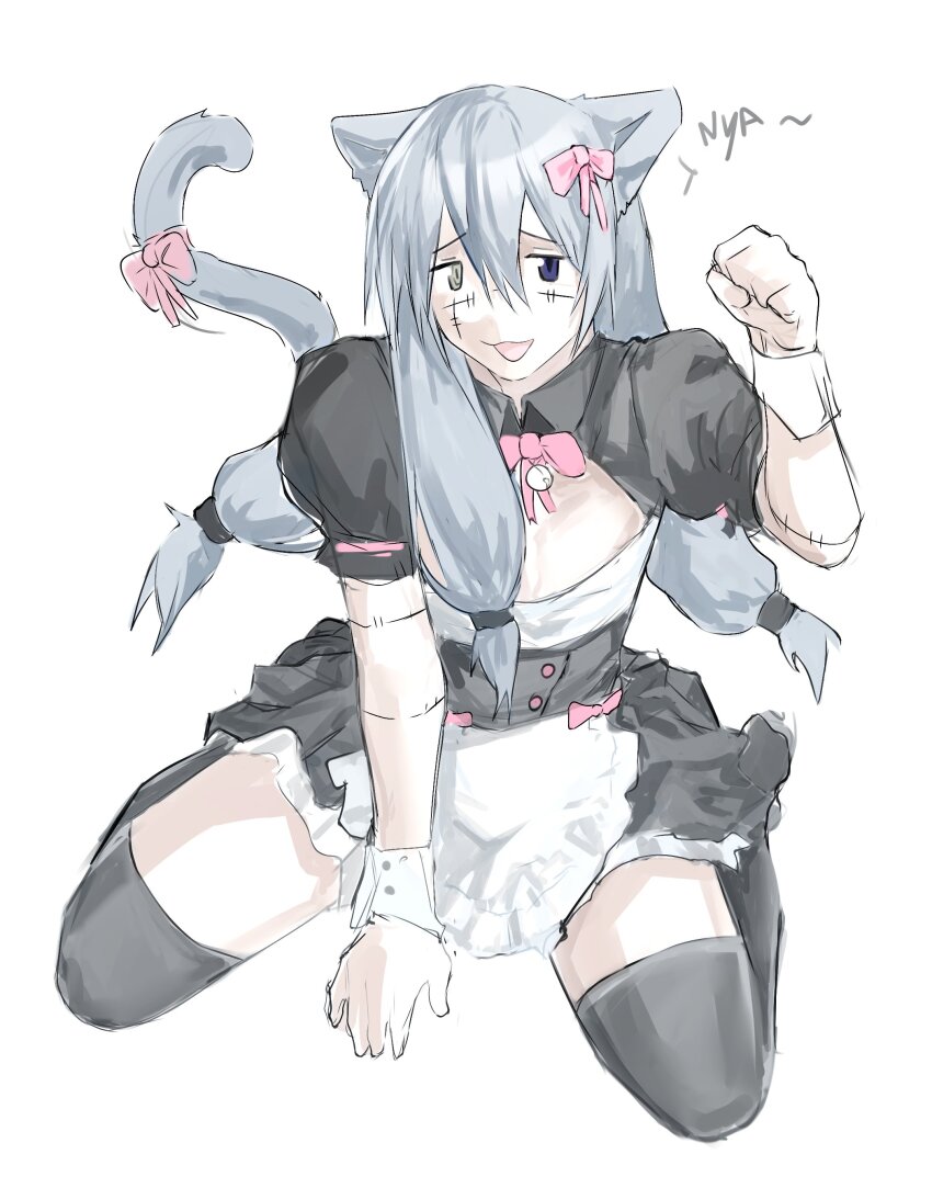 1boy, absurdres, alternate_costume, androgynous, animal_ears, black_thighhighs, blue_eyes, blue_hair