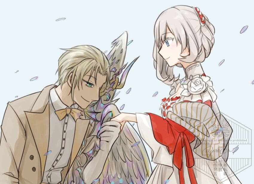 1boy, 1girl, asymmetrical_hair, blonde_hair, blue_background, blue_eyes, bow, bowtie