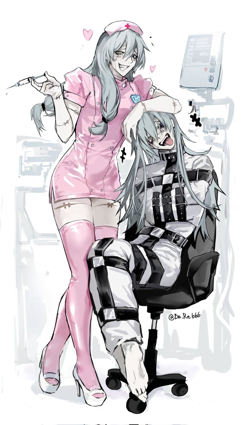 2boys, alternate_costume, barefoot, blue_eyes, blue_hair, chair, da_re666, dress