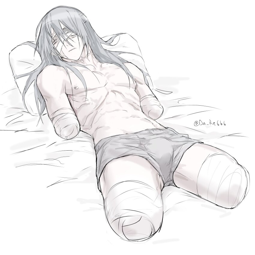 1boy, absurdres, amputee, bandage_on_face, bandage_over_one_eye, bandaged_arm, bandaged_leg, bandages, closed_mouth, da_re666, grey_hair, grey_male_underwear, head_on_pillow, highres, jujutsu_kaisen, long_hair, lying, mahito_(jujutsu_kaisen), male_focus, male_underwear, on_back, pale_skin, pillow, quadruple_amputee, scar, scar_on_neck, solo, underwear, white_background, yellow_eyes