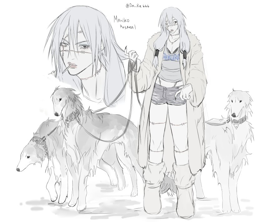 1girl, absurdres, animal, black_bra, blue_hair, boots, borzoi, bra, coat, da_re666, dog, fingernails, full_body, fur_coat, genderswap, genderswap_(mtf), heterochromia, highres, holding, holding_leash, jujutsu_kaisen, leash, long_fingernails, long_hair, low-tied_long_hair, mahito_(jujutsu_kaisen), pale_skin, portrait, short_shorts, shorts, stitched_arm, stitched_face, stitched_leg, stitched_neck, stitched_torso, stitches, underwear, white_background, white_boots, white_coat