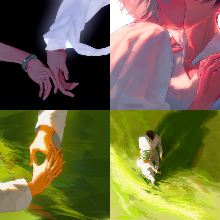 2boys, absurdres, alien_stage, bracelet, chinese_commentary, commentary_request, grass, highres, ivan_(alien_stage), jewelry, juxing_baicai_gongji_renlei, kiss, long_sleeves, male_focus, multiple_boys, pants, shirt, till_(alien_stage), white_pants, white_shirt, yaoi