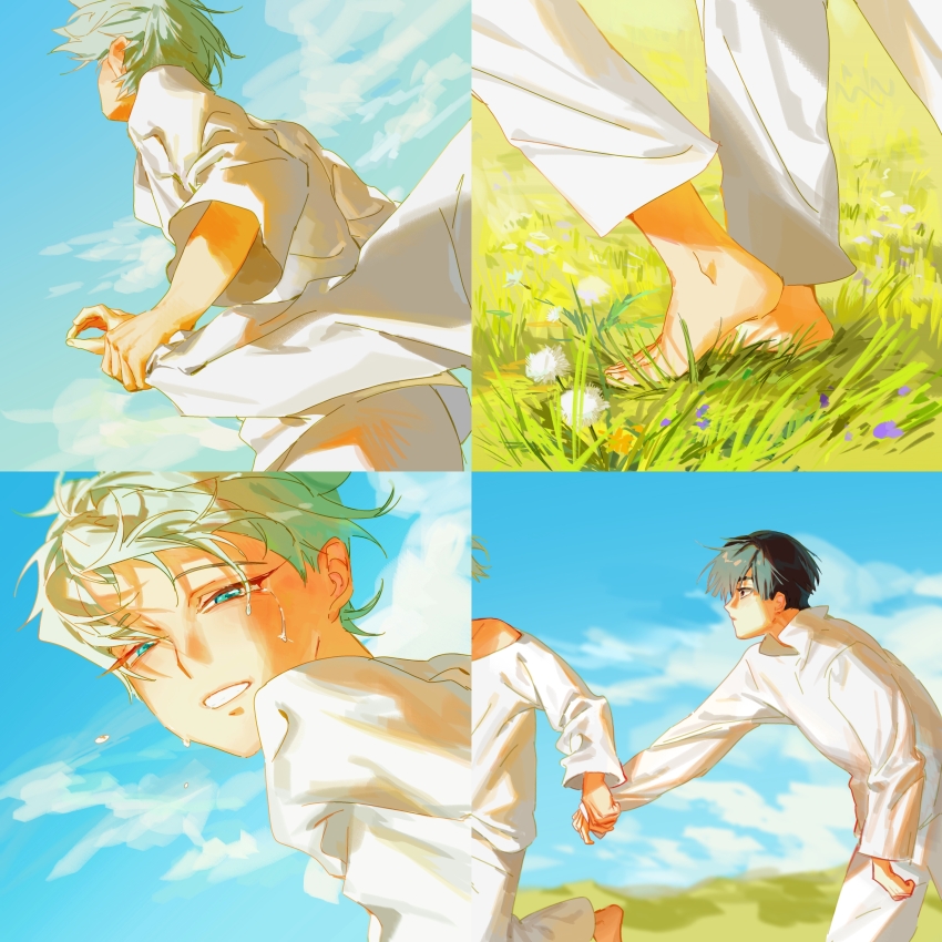 2boys, absurdres, alien_stage, barefoot, black_hair, blue_sky, chinese_commentary, commentary_request, grass, green_eyes, grey_hair, highres, holding_another's_wrist, ivan_(alien_stage), juxing_baicai_gongji_renlei, long_sleeves, male_focus, multiple_boys, pants, running, shirt, short_hair, sky, till_(alien_stage), very_short_hair, white_pants, white_shirt