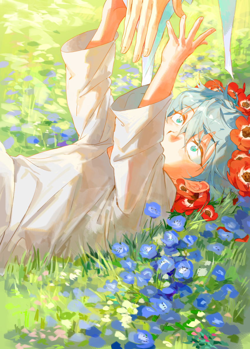 1boy, absurdres, alien_stage, anemone_(flower), blue_flower, chinese_commentary, commentary_request, flower