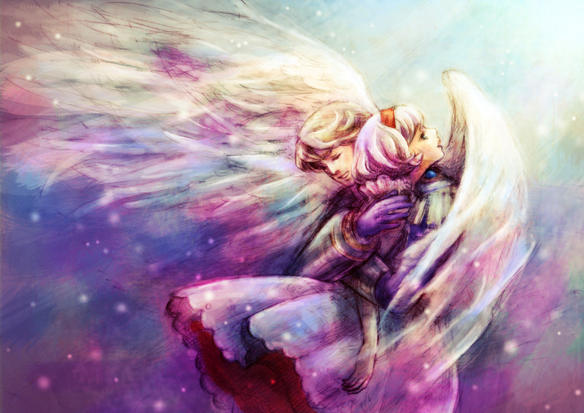 10s, 1boy, 1girl, angel_wings, blonde_hair, blue_eyes, bob_cut, cis_(tiger_&amp;_bunny), closed_eyes, couple, dress, epaulettes, flying, hairband, hetero, highres, hug, keith_goodman, power_suit, rio-sout, short_hair, sky_high_(tiger_&amp;_bunny), superhero_costume, tiger_&amp;_bunny, white_hair, wings